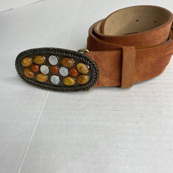 Streets Ahead Statement Belt Brown Suede Beaded Buckle Chunky Boho Festival Sz S